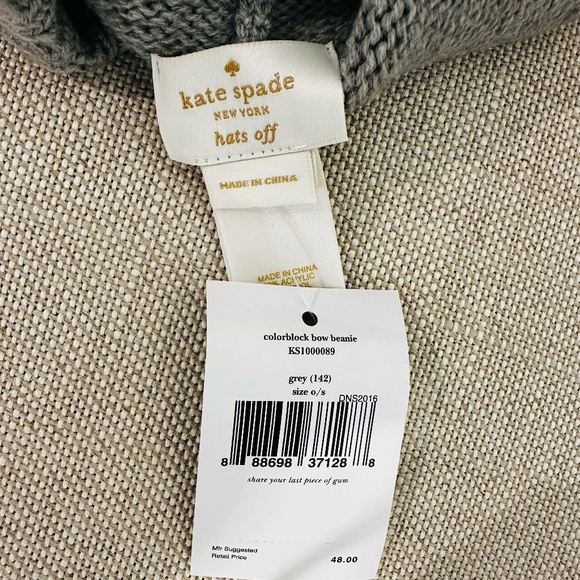 NWT NEW Kate Spade Winter Knit Hat Colorblock Bow Beanie Gray White Bow One Size - Picture 4 of 4